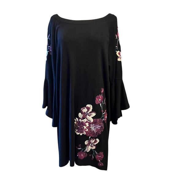 INC Women's Black Embroidered Jeweled Bell Sleeve Dress Purple Floral. Size L-XL - Picture 1 of 7